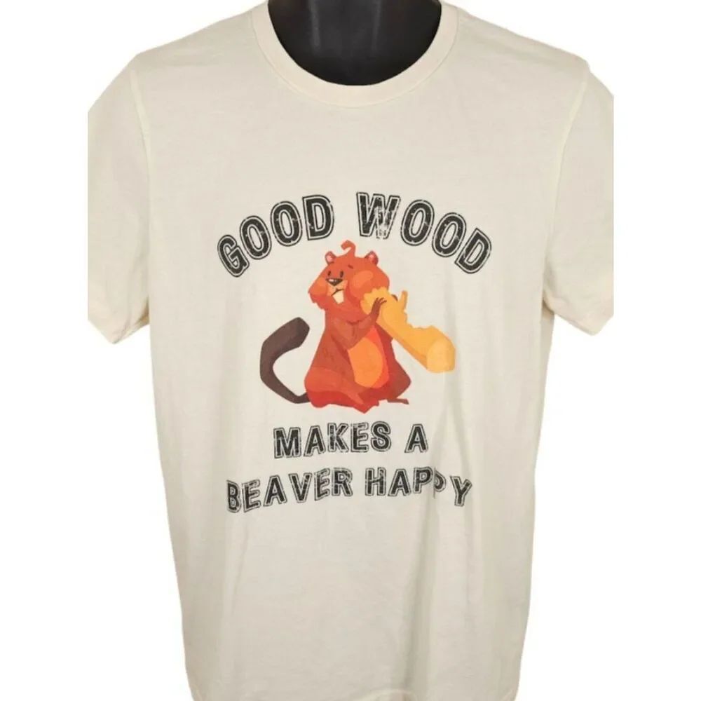 Happy Beaver T Shirt Mens Size Large Beige Good Wood Funny Joke Humor
